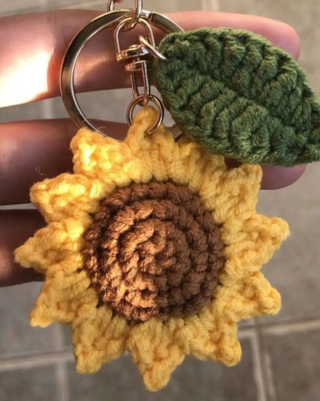 Handmade Crocheted Sunflower Keychain with Leaf
